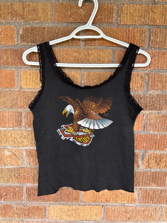 Vtg Harley Davidson Lace Trim Tank Top Womens Black 3D Emblem Graphic Sz M 1985